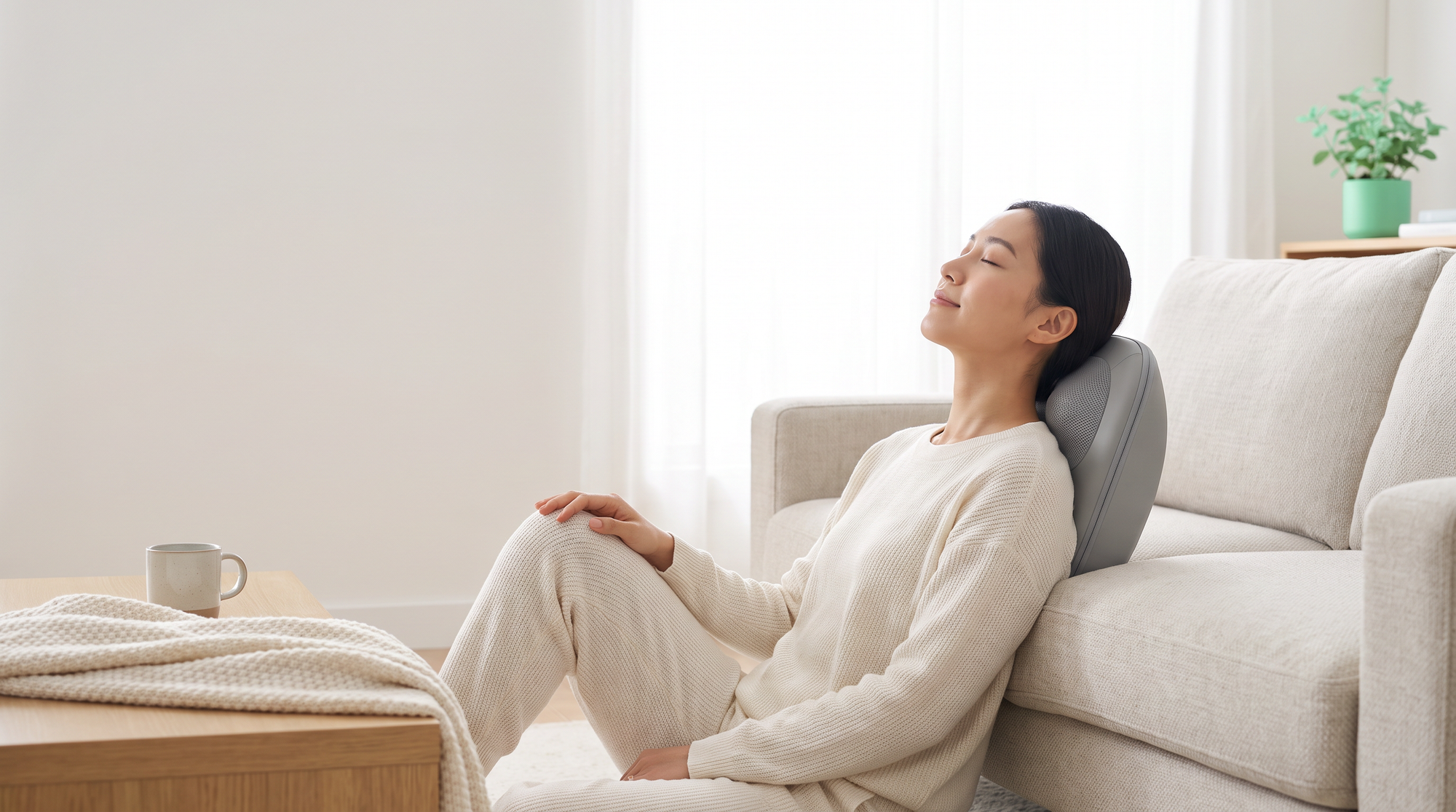 Person entspannt mit einem Rückenmassagegerät auf dem Sofa