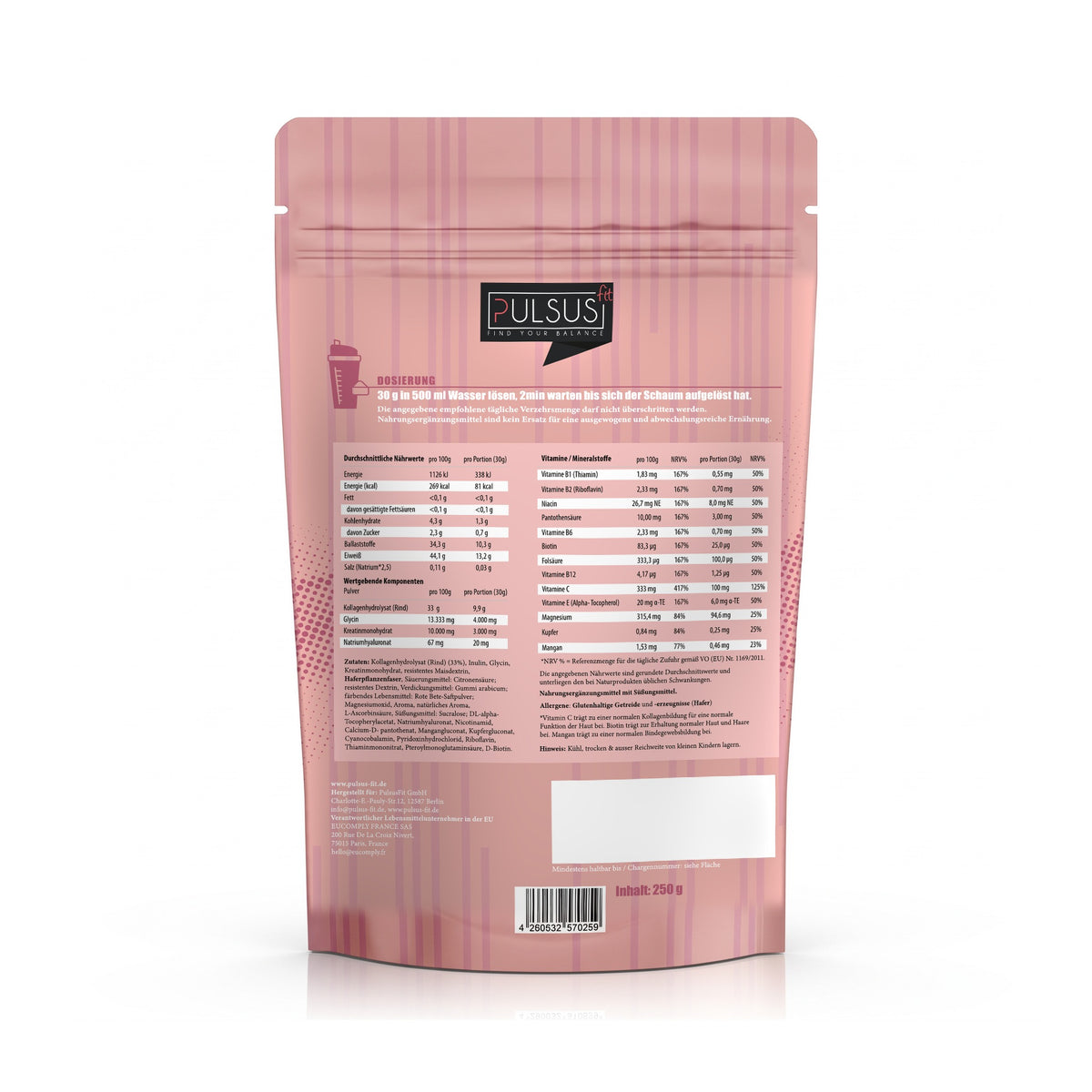 PULSUS FIT Kollagen Drink Women Edition Rückseite mit Nährwerten