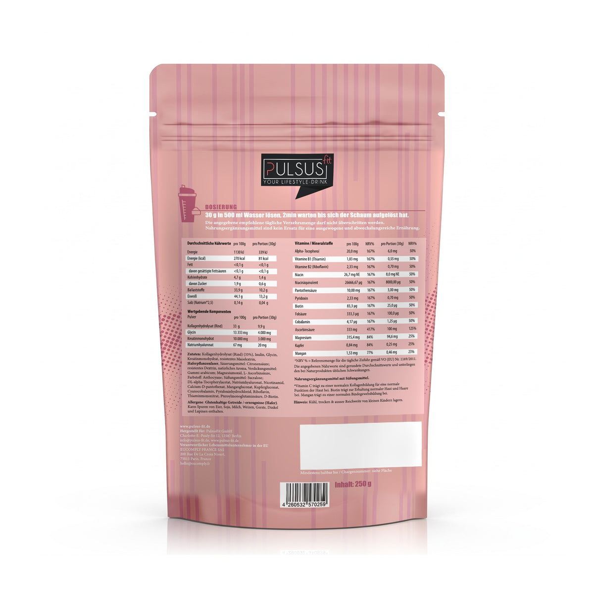 PULSUS FIT Kollagen Drink Women Edition Watermelon Rückseite mit Nährwerten