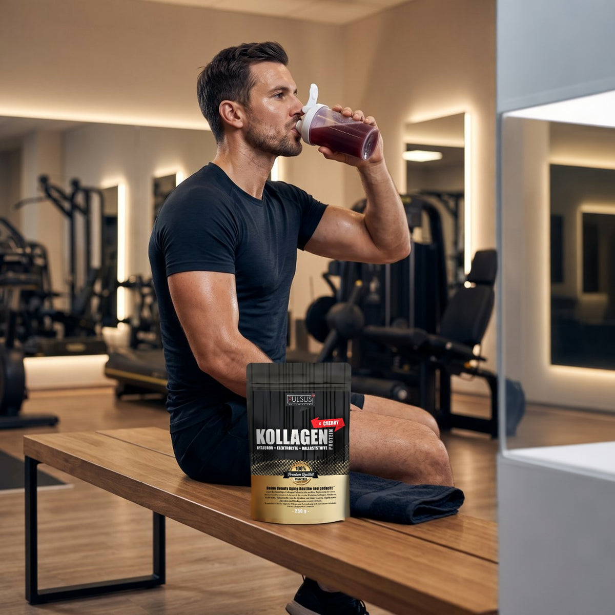 Mann im Gym mit PULSUS FIT Kollagen Drink Men Edition