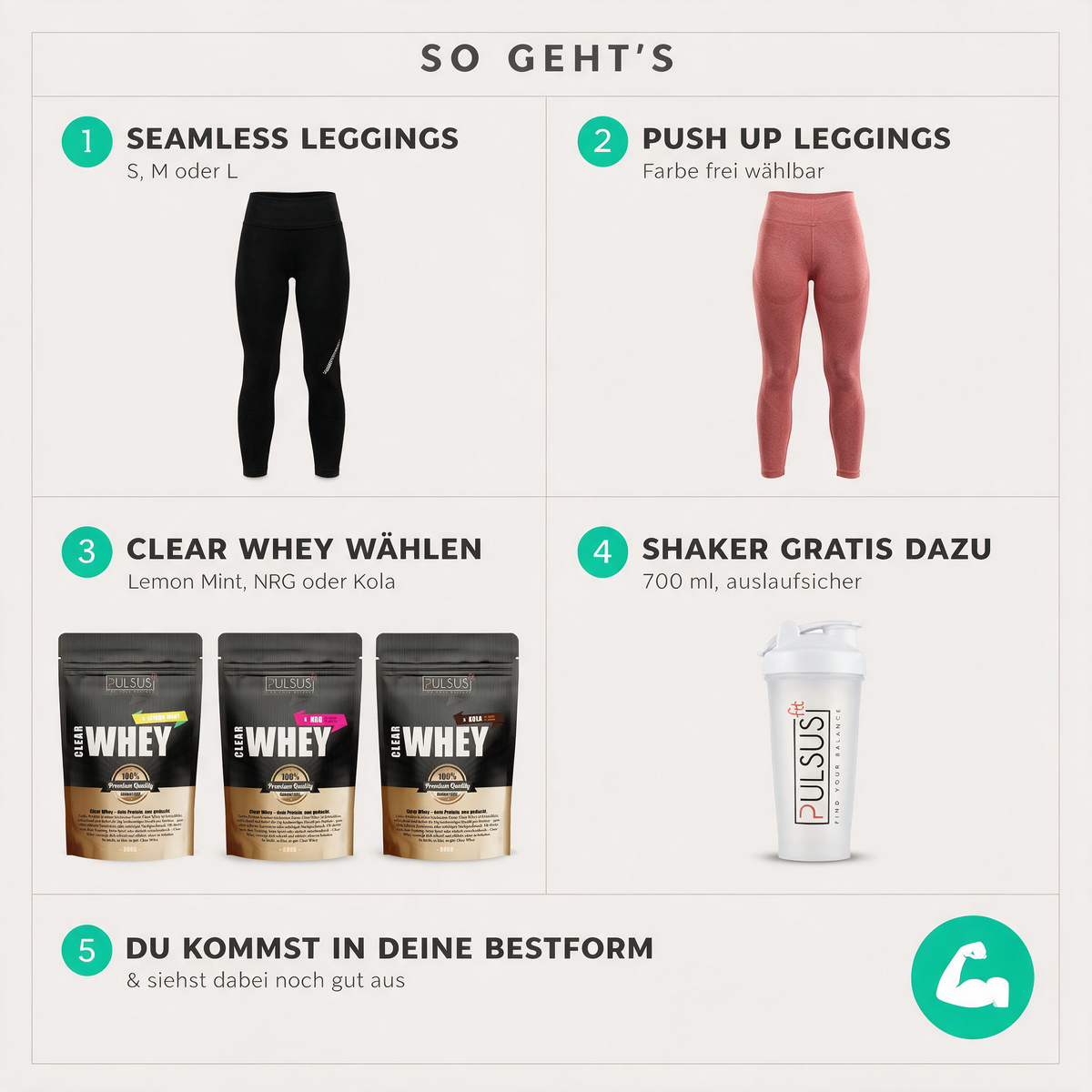 So geht's: Seamless Leggings, Push Up Leggings, Clear Whey, Shaker gratis dazu